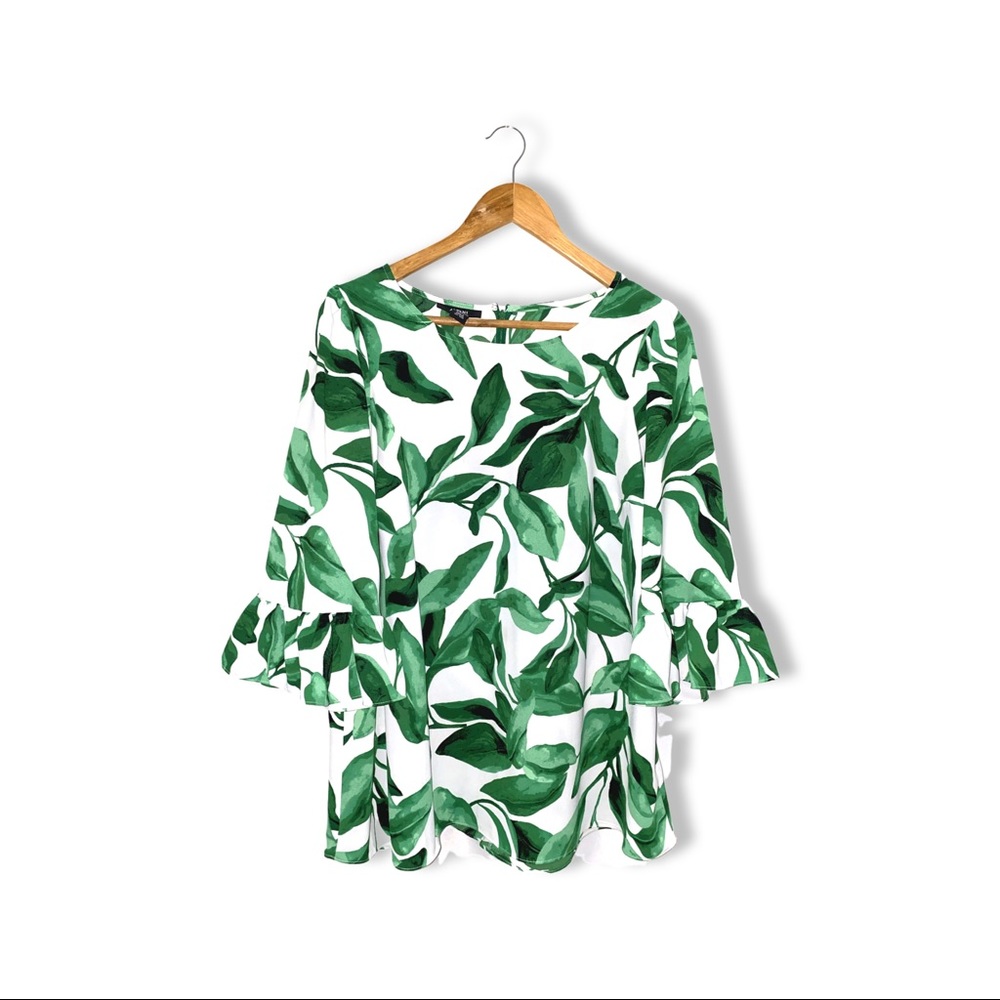 Plus Size Leaves-White Ruffled Blouse ALFANI